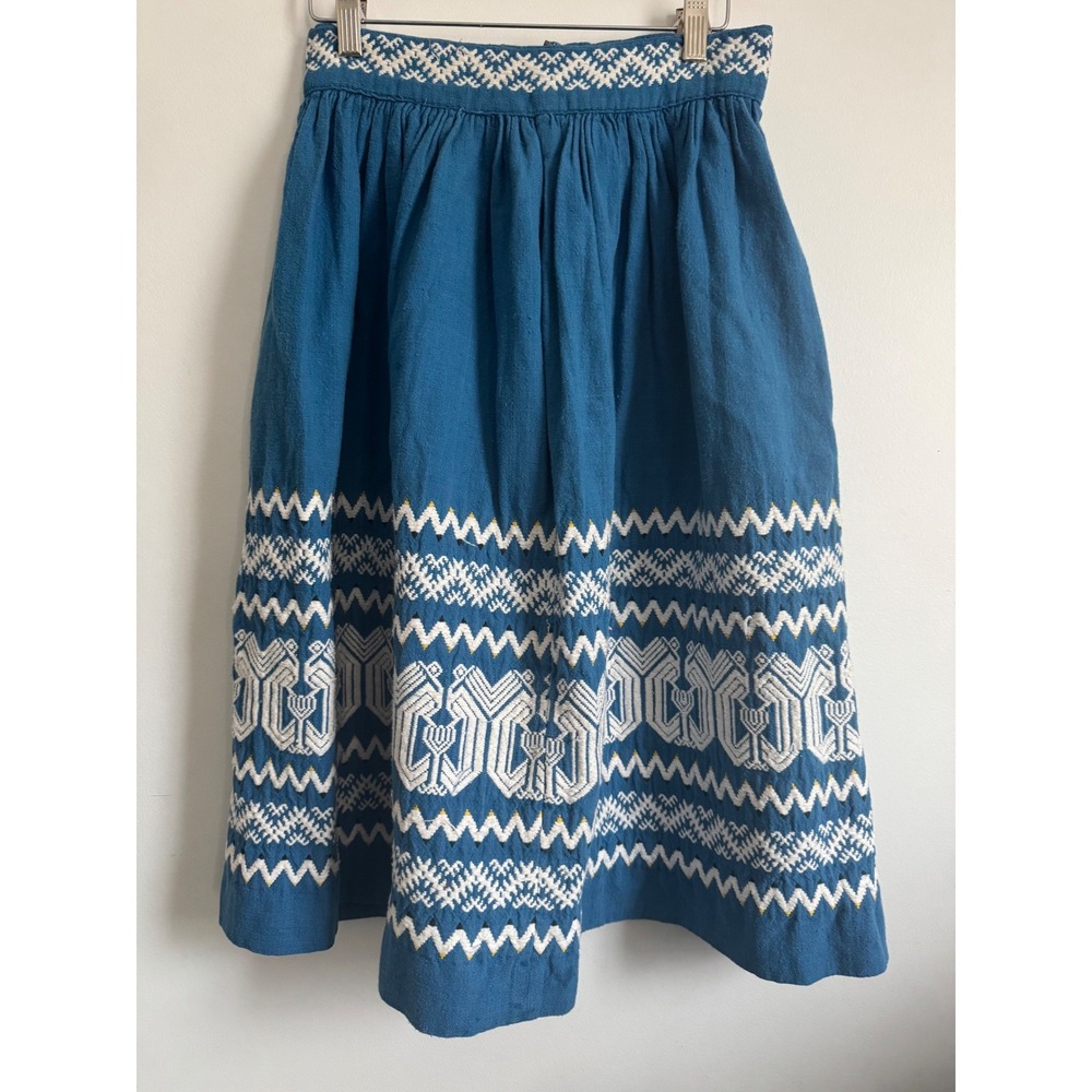 Sombol Guatemala Handwoven Indian‎ Textiles Teal Blue Embroidered Midi Skirt